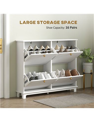 HOMCOM Narrow Shoe Storage Cabinet, Slim Shoe Cabinet with 4 Flip Drawers, Adjustable Shelves for 16 Pairs of Shoes, White