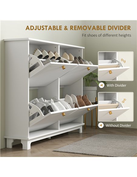 HOMCOM Narrow Shoe Storage Cabinet, Slim Shoe Cabinet with 4 Flip Drawers, Adjustable Shelves for 16 Pairs of Shoes, White - pic 165577 | FastDaddyshop