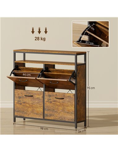 HOMCOM Shoe Storage Cabinet with 4 Flip Drawers and Open Shelf - Rustic Brown