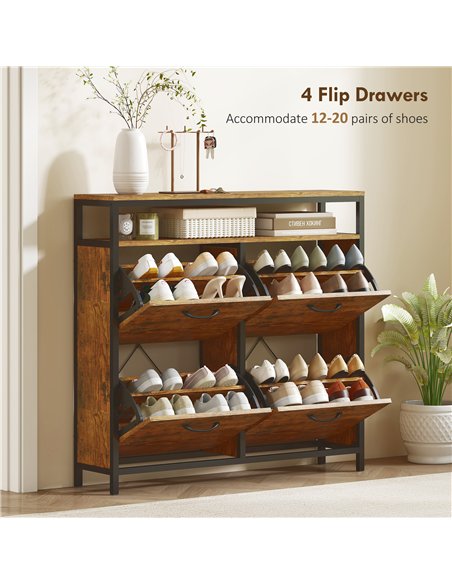 HOMCOM Shoe Storage Cabinet with 4 Flip Drawers and Open Shelf - Rustic Brown - pic 165603 | FastDaddyshop