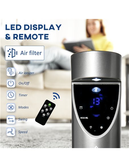 HOMCOM 46" Tower Fan Cooling with Ionizer, Air Filter, Oscillating, 3 Speed, 12h Timer, Remote Controller, for Bedroom, Grey - pic 16561 | FastDaddyshop