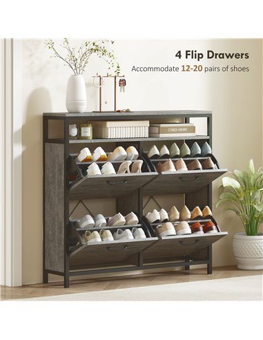 HOMCOM Shoe Storage Cabinet with 4 Flip Drawers and Open Shelf - Cement Grey