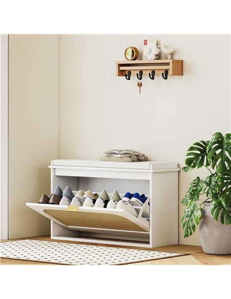 HOMCOM Boho Shoe Bench with Padded Seat and Flip-Drawer - White - pic 165619 | FastDaddyshop