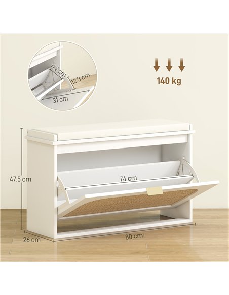 HOMCOM Boho Shoe Bench with Padded Seat and Flip-Drawer - White - pic 165620 | FastDaddyshop