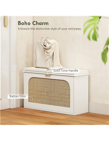 HOMCOM Boho Shoe Bench with Padded Seat and Flip-Drawer - White