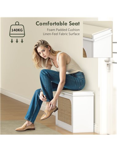 HOMCOM Boho Shoe Bench with Padded Seat and Flip-Drawer - White