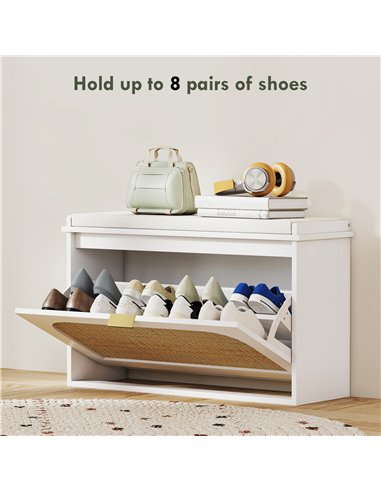 HOMCOM Boho Shoe Bench with Padded Seat and Flip-Drawer - White