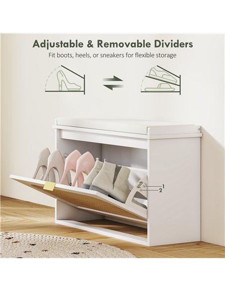 HOMCOM Boho Shoe Bench with Padded Seat and Flip-Drawer - White - pic 165624 | FastDaddyshop