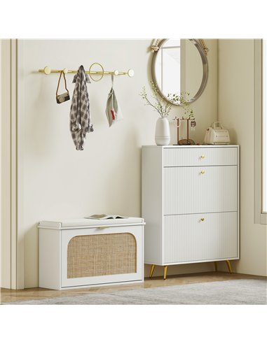 HOMCOM Boho Shoe Bench with Padded Seat and Flip-Drawer - White