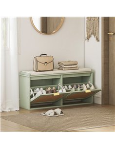 HOMCOM Boho Shoe Bench with Padded Seat and 2 Flip-Drawers - Light Green 2