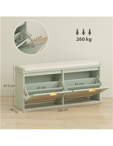 HOMCOM Boho Shoe Bench with Padded Seat and 2 Flip-Drawers - Light Green