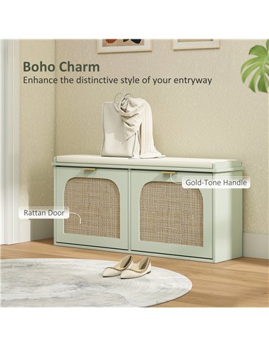 HOMCOM Boho Shoe Bench with Padded Seat and 2 Flip-Drawers - Light Green