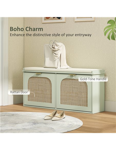HOMCOM Boho Shoe Bench with Padded Seat and 2 Flip-Drawers - Light Green - pic 165630 | FastDaddyshop