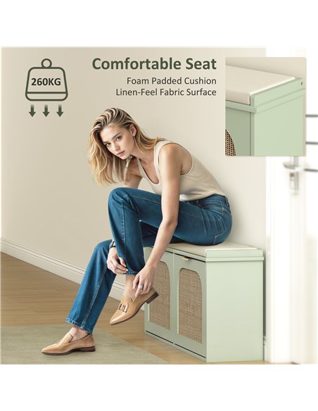 HOMCOM Boho Shoe Bench with Padded Seat and 2 Flip-Drawers - Light Green - pic 165631 | FastDaddyshop