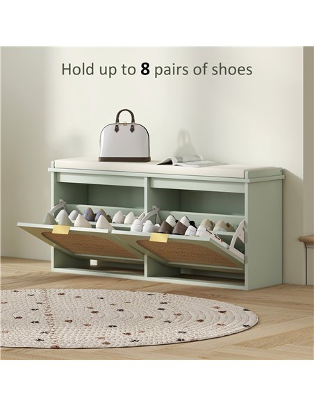 HOMCOM Boho Shoe Bench with Padded Seat and 2 Flip-Drawers - Light Green - pic 165632 | FastDaddyshop