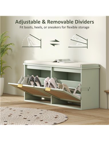 HOMCOM Boho Shoe Bench with Padded Seat and 2 Flip-Drawers - Light Green