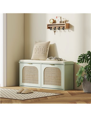 HOMCOM Boho Shoe Bench with Padded Seat and 2 Flip-Drawers - Light Green
