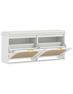 HOMCOM Boho Shoe Bench with Padded Seat and 2 Flip-Drawers - White