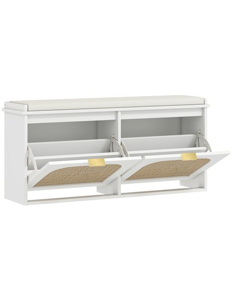 HOMCOM Boho Shoe Bench with Padded Seat and 2 Flip-Drawers - White - pic 165636 | FastDaddyshop