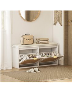 HOMCOM Boho Shoe Bench with Padded Seat and 2 Flip-Drawers - White 2
