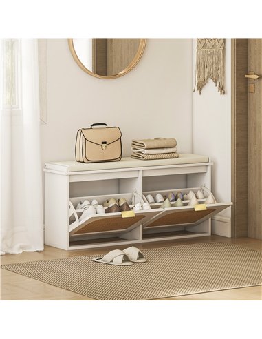 HOMCOM Boho Shoe Bench with Padded Seat and 2 Flip-Drawers - White