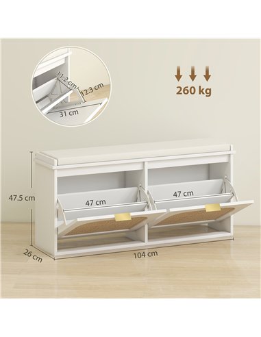 HOMCOM Boho Shoe Bench with Padded Seat and 2 Flip-Drawers - White