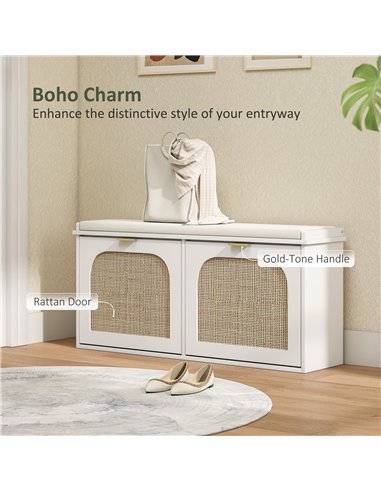 HOMCOM Boho Shoe Bench with Padded Seat and 2 Flip-Drawers - White