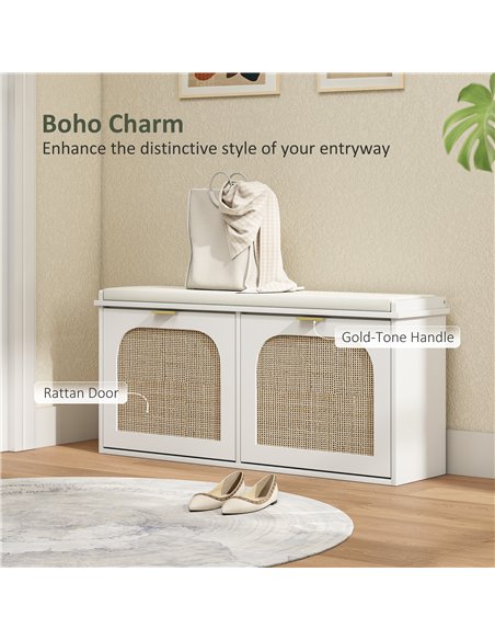 HOMCOM Boho Shoe Bench with Padded Seat and 2 Flip-Drawers - White - pic 165639 | FastDaddyshop