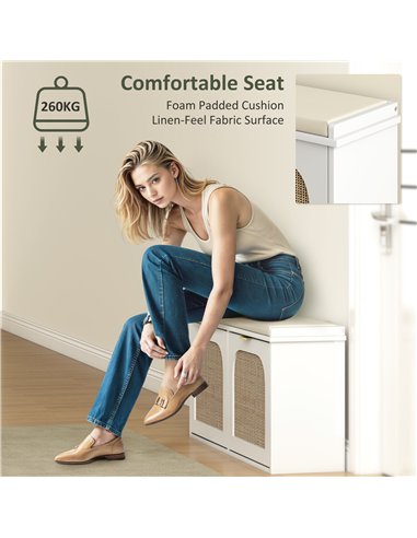 HOMCOM Boho Shoe Bench with Padded Seat and 2 Flip-Drawers - White