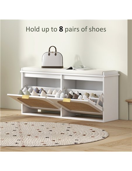 HOMCOM Boho Shoe Bench with Padded Seat and 2 Flip-Drawers - White - pic 165641 | FastDaddyshop