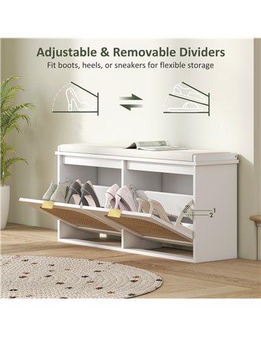 HOMCOM Boho Shoe Bench with Padded Seat and 2 Flip-Drawers - White