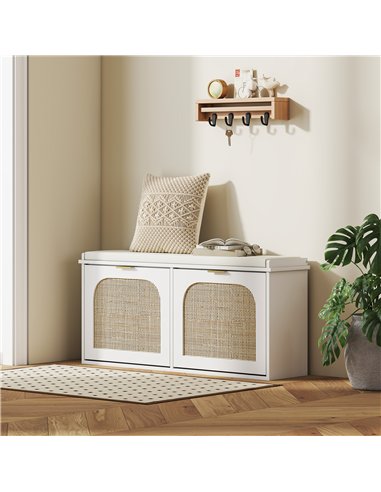 HOMCOM Boho Shoe Bench with Padded Seat and 2 Flip-Drawers - White