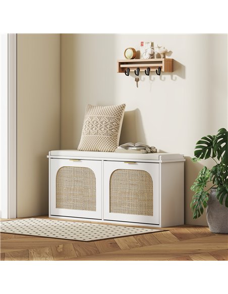HOMCOM Boho Shoe Bench with Padded Seat and 2 Flip-Drawers - White - pic 165643 | FastDaddyshop