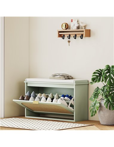 HOMCOM Boho Shoe Bench with Padded Seat and Flip-Drawer - Light Green