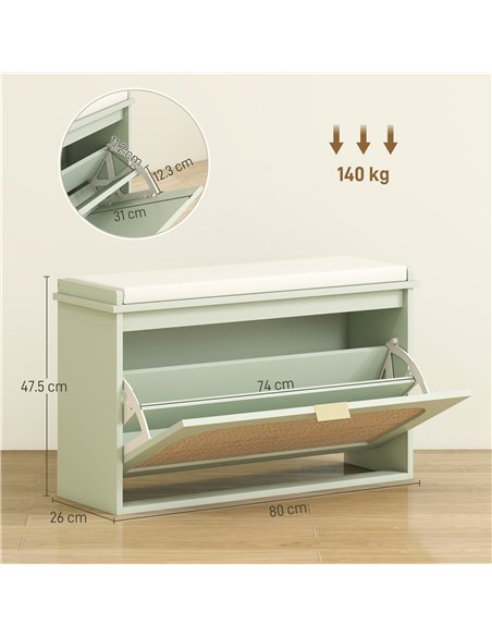 HOMCOM Boho Shoe Bench with Padded Seat and Flip-Drawer - Light Green - pic 165647 | FastDaddyshop