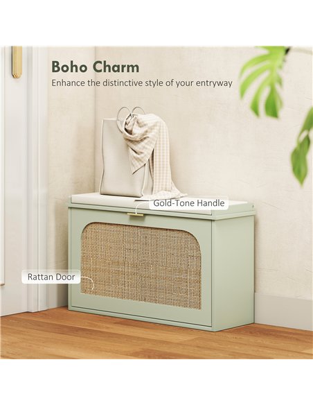 HOMCOM Boho Shoe Bench with Padded Seat and Flip-Drawer - Light Green - pic 165648 | FastDaddyshop