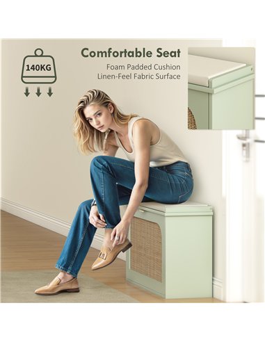 HOMCOM Boho Shoe Bench with Padded Seat and Flip-Drawer - Light Green