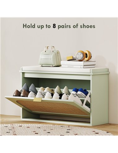HOMCOM Boho Shoe Bench with Padded Seat and Flip-Drawer - Light Green