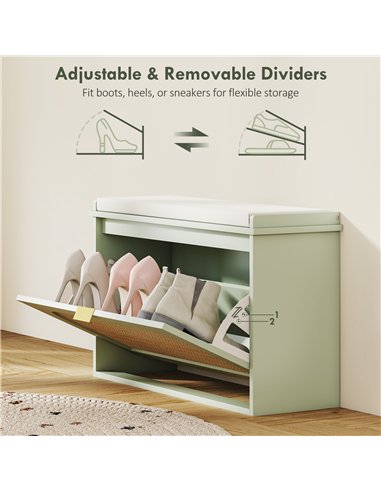 HOMCOM Boho Shoe Bench with Padded Seat and Flip-Drawer - Light Green