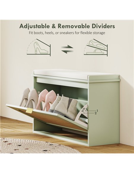 HOMCOM Boho Shoe Bench with Padded Seat and Flip-Drawer - Light Green - pic 165651 | FastDaddyshop