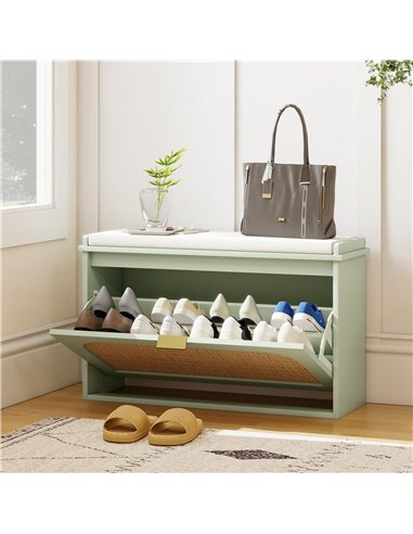 HOMCOM Boho Shoe Bench with Padded Seat and Flip-Drawer - Light Green
