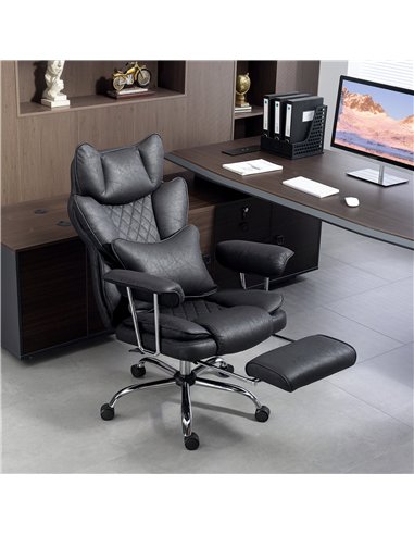 HOMCOM Leathaire Reclining Office Chair with Lumbar Support Pillow - Black