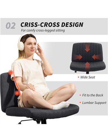 HOMCOM Armless Office Chair No Wheels, Linen Fabric Criss Cross Legged Desk Chair with Wide Seat, Thick Padding, Tilt Function, 