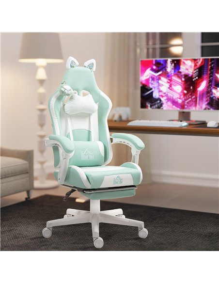 HOMCOM Cat Ear and Paw Reclining Office Chair, with Footrest - Light Blue/White - pic 165925 | FastDaddyshop