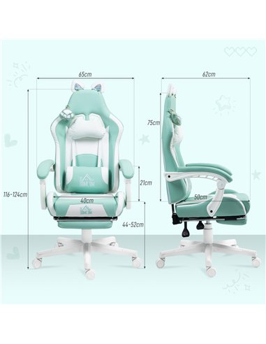 HOMCOM Cat Ear and Paw Reclining Office Chair, with Footrest - Light Blue/White