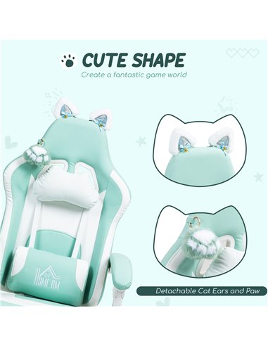 HOMCOM Cat Ear and Paw Reclining Office Chair, with Footrest - Light Blue/White