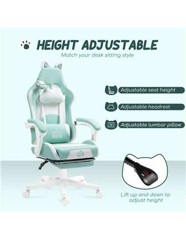 HOMCOM Cat Ear and Paw Reclining Office Chair, with Footrest - Light Blue/White