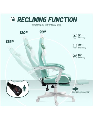 HOMCOM Cat Ear and Paw Reclining Office Chair, with Footrest - Light Blue/White