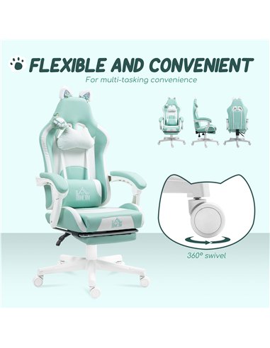 HOMCOM Cat Ear and Paw Reclining Office Chair, with Footrest - Light Blue/White