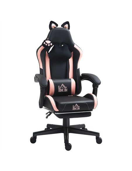 HOMCOM Cat Ear and Paw Reclining Office Chair, with Footrest - Black/Pink - pic 165933 | FastDaddyshop